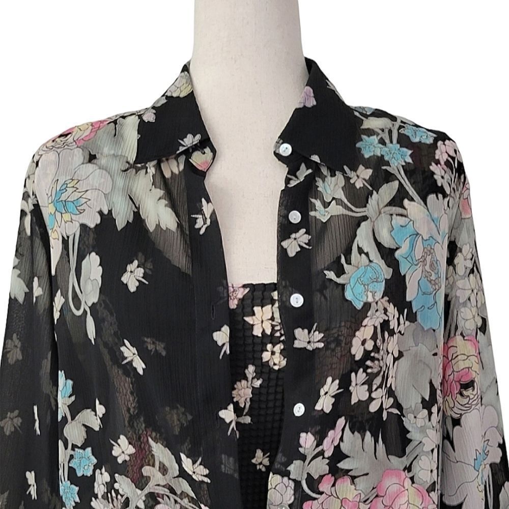Vintage Nicola Black Floral Sheer Button Down Blouse With Matching Shell Size M - Picture 6 of 9